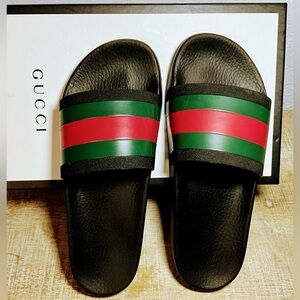 Gucci Black Slides with Red and Green Stripes- (#0192)